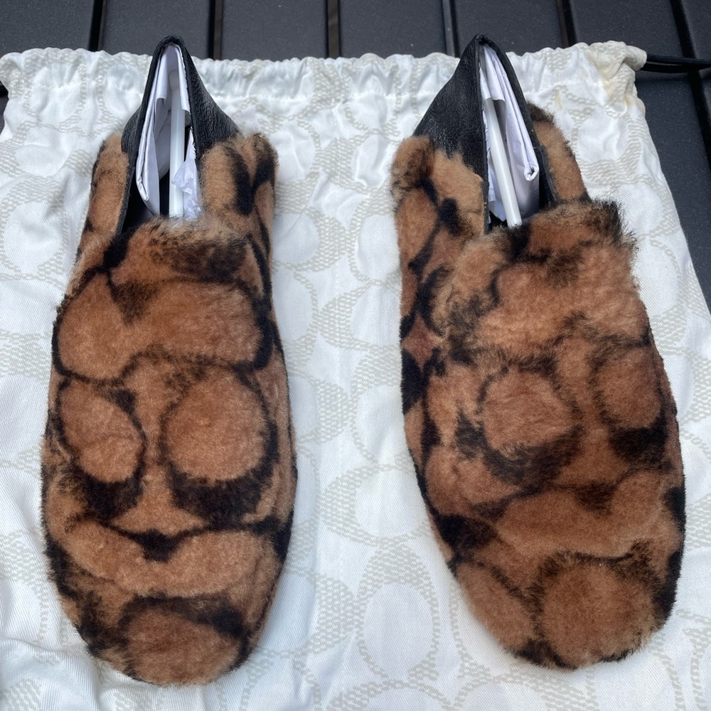 Coach Leather Fur Monogram Slipper Loafers